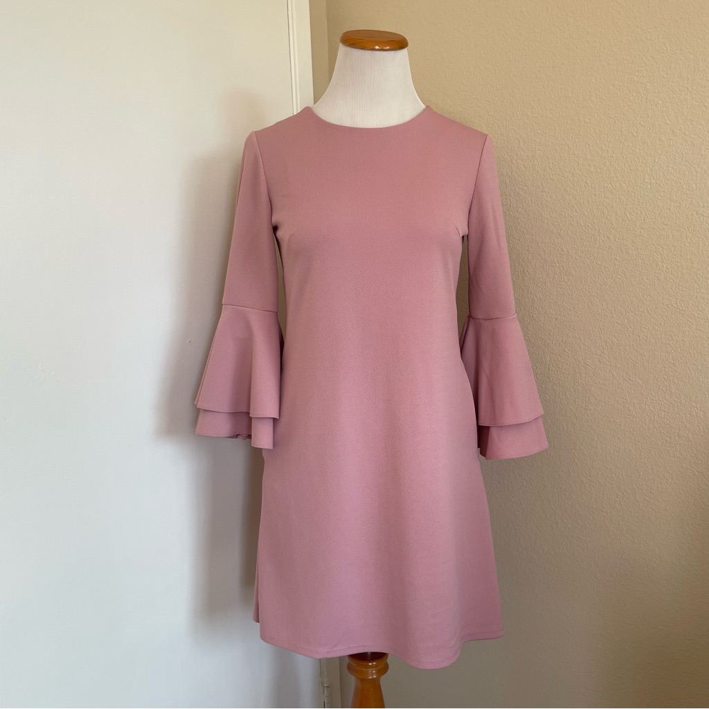 Elegant Pink Ruffle Sleeve Dress With Pockets